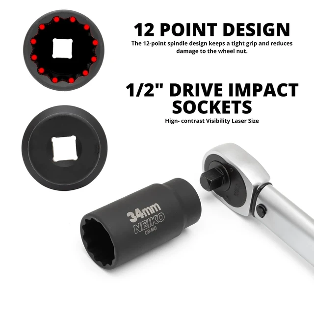 Alt view image 3 of 7 - 02530A 5 Piece 12 Point Socket Set 1/2 Drive, Lug Nut Remover, Spindle Nut Socket, Axle Nut Socket Set, Metric 30mm - 36mm Socket 1/2 Drive Impact Set, Cr-Mo Impact Adapter, 3/4" - 1/2 Reducer