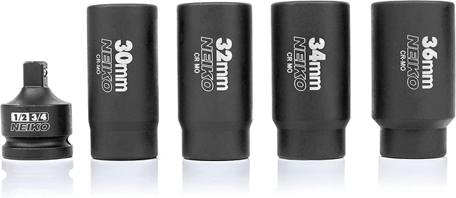 Alt view image 5 of 7 - 02530A 5 Piece 12 Point Socket Set 1/2 Drive, Lug Nut Remover, Spindle Nut Socket, Axle Nut Socket Set, Metric 30mm - 36mm Socket 1/2 Drive Impact Set, Cr-Mo Impact Adapter, 3/4" - 1/2 Reducer