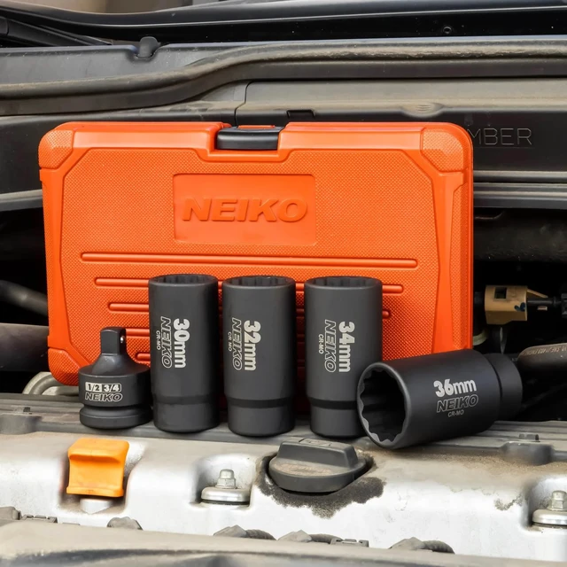 Alt view image 6 of 7 - 02530A 5 Piece 12 Point Socket Set 1/2 Drive, Lug Nut Remover, Spindle Nut Socket, Axle Nut Socket Set, Metric 30mm - 36mm Socket 1/2 Drive Impact Set, Cr-Mo Impact Adapter, 3/4" - 1/2 Reducer