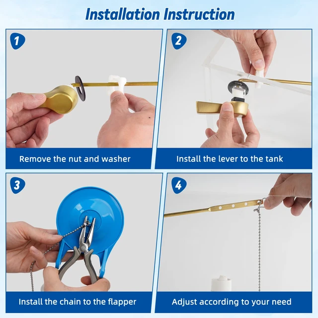 Alt view image 6 of 7 - Universal Metal Front Mount Flush Toilet Handle Kit, Brushed Gold Solid Brass Toilet Flush Tank Lever with Stainless Steel Adjustable Flapper Chains, Side Tank Toilet Handle for Most Toilets