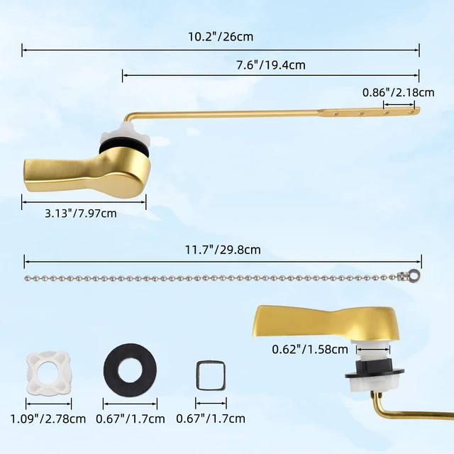 Alt view image 7 of 7 - Universal Metal Front Mount Flush Toilet Handle Kit, Brushed Gold Solid Brass Toilet Flush Tank Lever with Stainless Steel Adjustable Flapper Chains, Side Tank Toilet Handle for Most Toilets