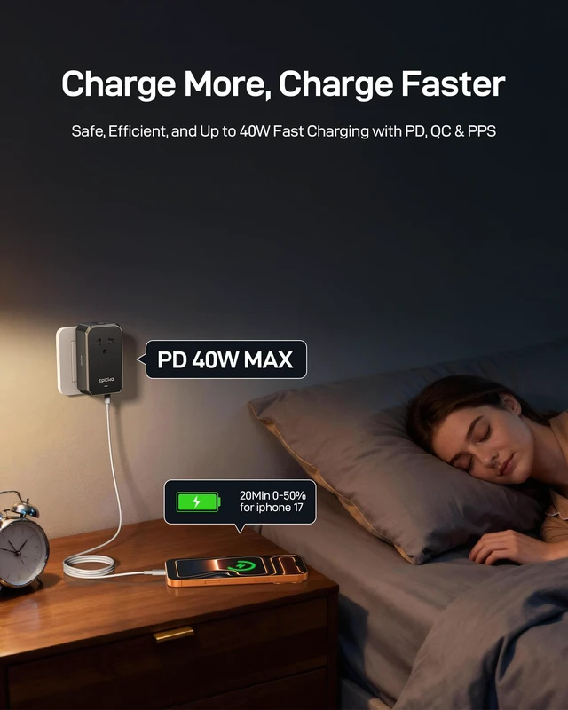 Alt view image 7 of 7 - Air 40W Universal Travel Adapter PD&QC with 1AC/3USB-C/1USB-A Slim & Compact Size Plug Adapter For US EU UK AU, Supports Fast Charging for Multi-Device, Not A Voltage Converter