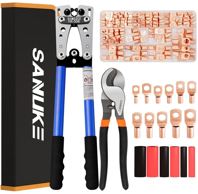 Main image of Battery Cable Crimping Tool AWG 10-1/0, Wire Cutter,100 Copper Lugs Electrical Terminal Crimper AWG 10 8 6 4 2 1/0, 100pcs Wire Connectors & Heat Shrink Tubing, Cable Cutter Pliers, Black Bag