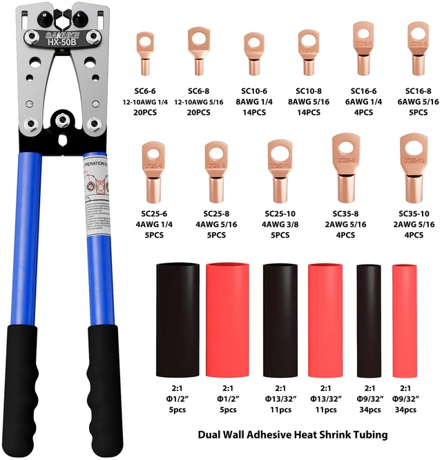 Alt view image 2 of 7 - Battery Cable Crimping Tool AWG 10-1/0, Wire Cutter,100 Copper Lugs Electrical Terminal Crimper AWG 10 8 6 4 2 1/0, 100pcs Wire Connectors & Heat Shrink Tubing, Cable Cutter Pliers, Black Bag