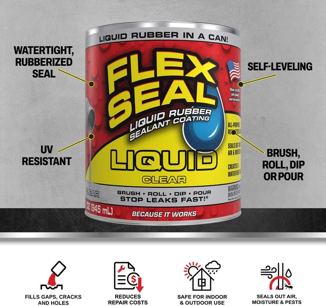 Alt view image 2 of 7 - Rubber Sealant Coating, Waterproof, Clear, 32 oz Stops leaks fast, brush, roll, dip or pour on, UV resistant, prevents rust, corrosion, roof, basement, RV, gutters, masonry