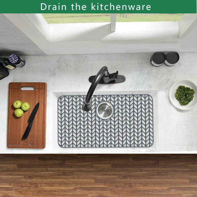 Alt view image 2 of 7 - Sink Protectors for Kitchen Sink, 26''x 14'' Silicone Kitchen Sink Mat Grid for Bottom of Farmhouse Stainless Steel Porcelain Sink with Rear Drain (Grey)