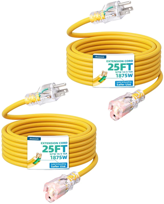 Main image of 25FT Outdoor Extension Cord 2 Pack Lighted Plug End 3 Prong 14/3C SJTW Outdoor Extension Cord Waterproof, 15A 125V 1875W, Indoor/Outdoor, Yellow