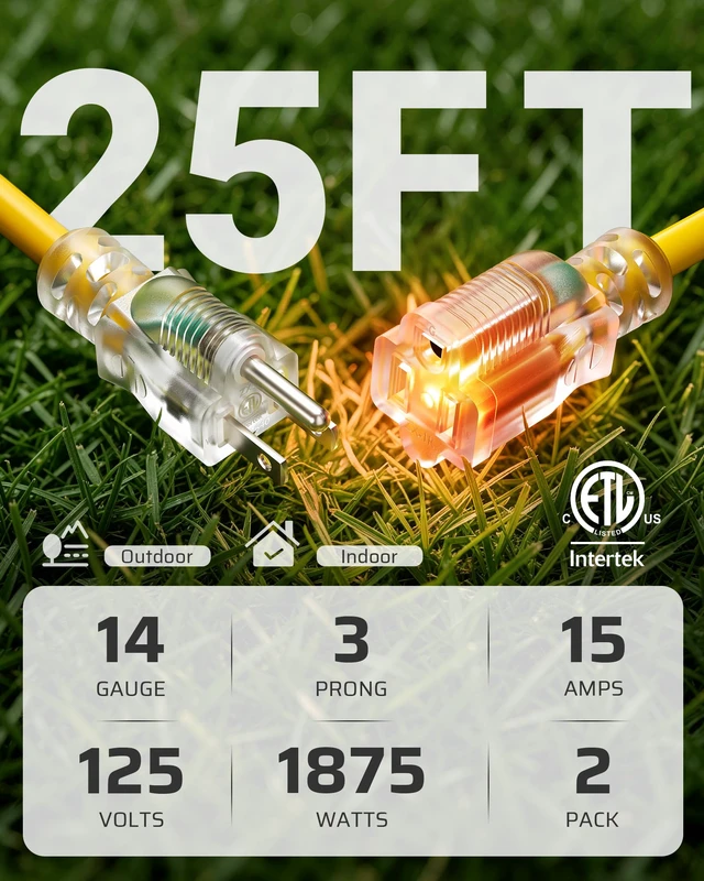 Alt view image 2 of 7 - 25FT Outdoor Extension Cord 2 Pack Lighted Plug End 3 Prong 14/3C SJTW Outdoor Extension Cord Waterproof, 15A 125V 1875W, Indoor/Outdoor, Yellow