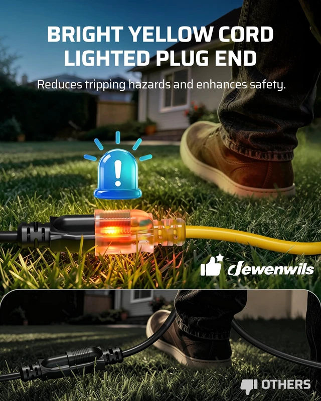 Alt view image 3 of 7 - 25FT Outdoor Extension Cord 2 Pack Lighted Plug End 3 Prong 14/3C SJTW Outdoor Extension Cord Waterproof, 15A 125V 1875W, Indoor/Outdoor, Yellow