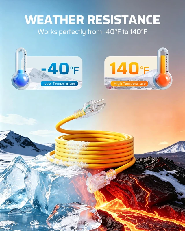 Alt view image 5 of 7 - 25FT Outdoor Extension Cord 2 Pack Lighted Plug End 3 Prong 14/3C SJTW Outdoor Extension Cord Waterproof, 15A 125V 1875W, Indoor/Outdoor, Yellow
