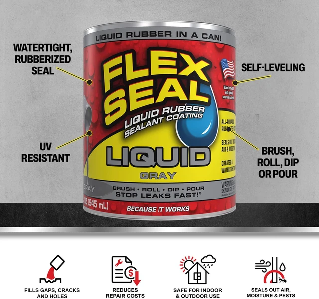 Alt view image 2 of 7 - Rubber Sealant Coating, Waterproof, Gray, 32 oz Stops leaks fast, brush, roll, dip or pour on, UV resistant, prevents rust, corrosion, roof, basement, RV, gutters, masonry