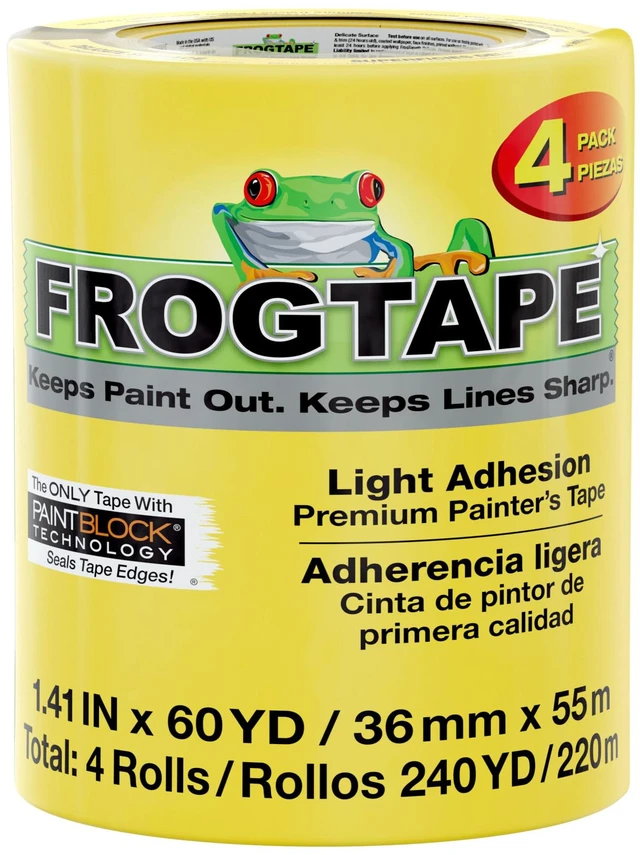 Main image of Delicate Surface Painters Tape with PAINTBLOCK, 1.5 in Wide (1.41 in x 60 yd), Low Adhesion, Painting Tape Ideal for Freshly Painted Walls, Trim & Surfaces, Yellow, 4 Rolls (240662)