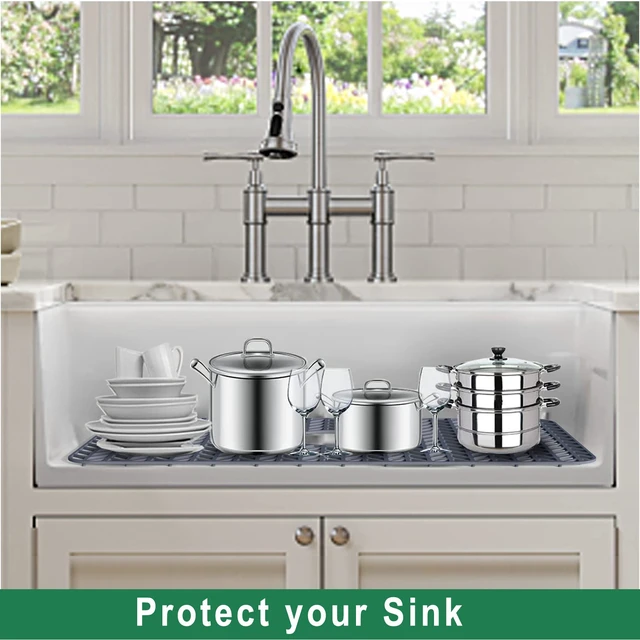 Alt view image 4 of 7 - Sink Protectors for Kitchen Sink, 26''x 14'' Silicone Kitchen Sink Mat Grid for Bottom of Farmhouse Stainless Steel Porcelain Sink with Rear Drain (Grey)
