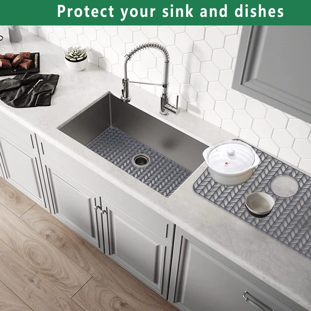 Alt view image 6 of 7 - Sink Protectors for Kitchen Sink, 26''x 14'' Silicone Kitchen Sink Mat Grid for Bottom of Farmhouse Stainless Steel Porcelain Sink with Rear Drain (Grey)