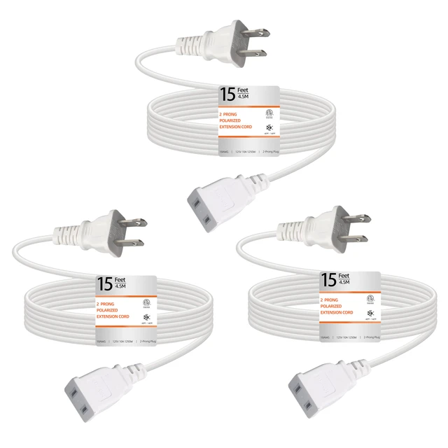 Main image of Thin Extension Cords 15FT White 2 Prong 125V 10A ETL Listed (3 Pack) Indoor Use, Male to Female, For Christmas Lights, Halloween Decor, Lamps, Security Cameras, Small Appliance
