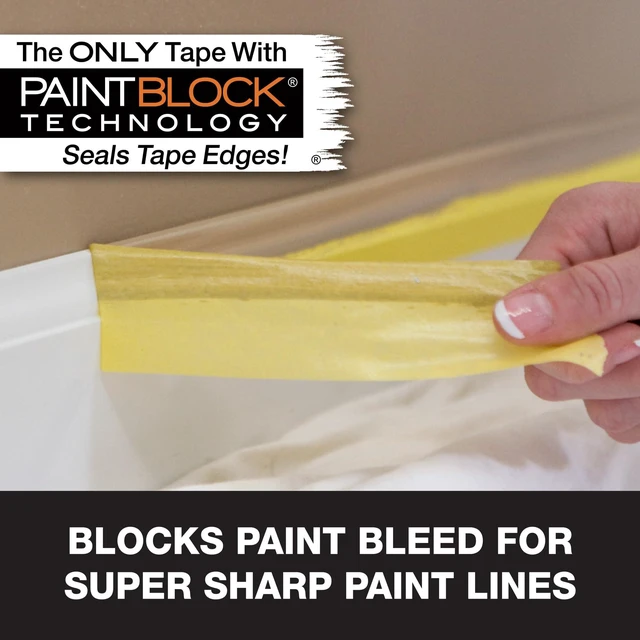 Alt view image 2 of 7 - Delicate Surface Painters Tape with PAINTBLOCK, 1.5 in Wide (1.41 in x 60 yd), Low Adhesion, Painting Tape Ideal for Freshly Painted Walls, Trim & Surfaces, Yellow, 4 Rolls (240662)