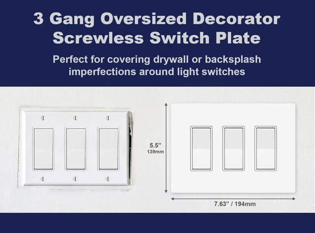 Alt view image 2 of 7 - OVERSIZED Screwless Switch Plate - 5.5" x 7.63" - Jumbo 3 Gang Decorator GFCI Style - Unbreakable Polycarbonate - Three Gang Screwless Light Switch Cover Plate - Glossy White (5 Pack)