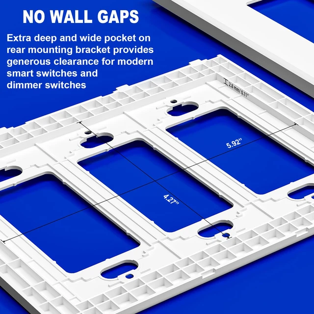 Alt view image 3 of 7 - OVERSIZED Screwless Switch Plate - 5.5" x 7.63" - Jumbo 3 Gang Decorator GFCI Style - Unbreakable Polycarbonate - Three Gang Screwless Light Switch Cover Plate - Glossy White (5 Pack)