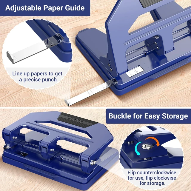 Alt view image 5 of 6 - Heavy Duty 3 Hole Puncher, 50-Sheet Paper Punch Heavy Duty, 50% Reduced Effort Three Hole Punch, 10K+ Uses, Metal Hole Puncher 3 Ring w/Large Tray, Bulit-in S.S. Paper Guide HPX4(Blue)