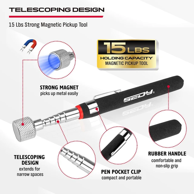 Alt view image 5 of 7 - 6-Piece Telescoping Magnetic Pickup Tools Set: 31in Portable Magnetic Pickup Stick, 25in Pen-Style Magnetic Pickup Tool, 20in Flexible Bendable Spring Magnet Stick with 4in 9in Magnet Parts Tray