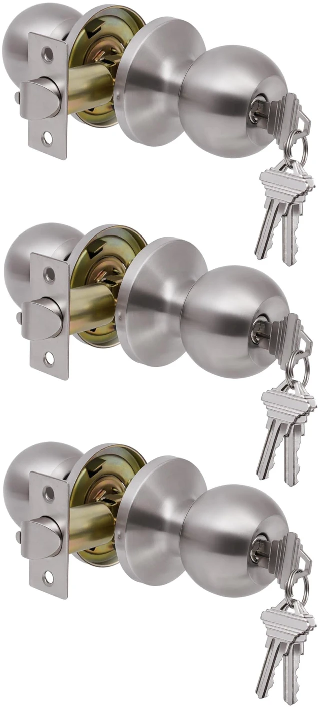 Main image of 3 Pack Door Knobs with Lock and Key,All Keyed Same Entry Door Knob, Exterior and Interior Door Lock, Door Handle Satin Nickel