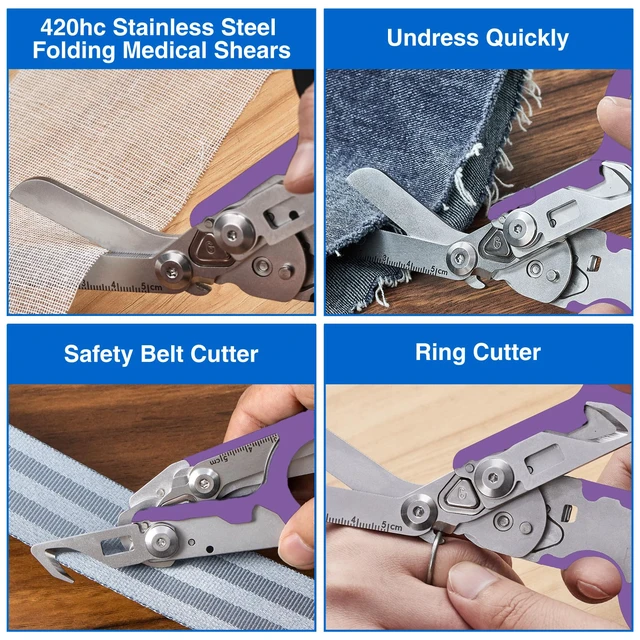 Alt view image 4 of 7 - Heavy Duty 6 in 1 Multifunctional Trauma Shears Foldable | Stainless Steel emergency response scissors | Survival Shears with Holster | Medical Trauma shears Tactical With Strap Cutter | Purple
