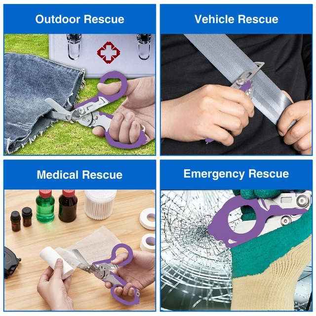 Alt view image 5 of 7 - Heavy Duty 6 in 1 Multifunctional Trauma Shears Foldable | Stainless Steel emergency response scissors | Survival Shears with Holster | Medical Trauma shears Tactical With Strap Cutter | Purple