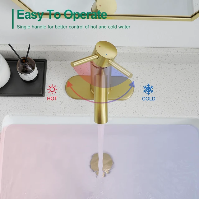 Alt view image 4 of 7 - Bathroom Faucet Brushed Gold Modern Bathroom Sink Faucet, Single Handle Faucet for Sink, Vanity, RV, Lavatory, Suitable for 1 or 3 Holes, with Supply Deck Plate and Hose