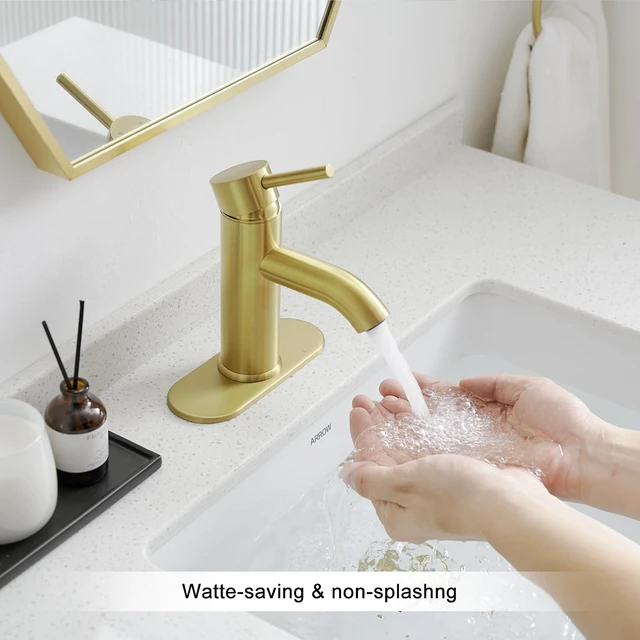 Alt view image 6 of 7 - Bathroom Faucet Brushed Gold Modern Bathroom Sink Faucet, Single Handle Faucet for Sink, Vanity, RV, Lavatory, Suitable for 1 or 3 Holes, with Supply Deck Plate and Hose