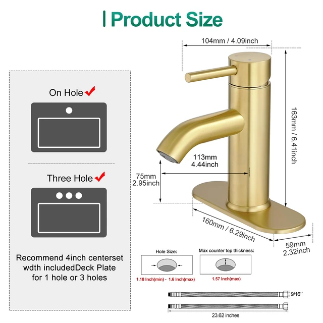 Alt view image 5 of 7 - Bathroom Faucet Brushed Gold Modern Bathroom Sink Faucet, Single Handle Faucet for Sink, Vanity, RV, Lavatory, Suitable for 1 or 3 Holes, with Supply Deck Plate and Hose