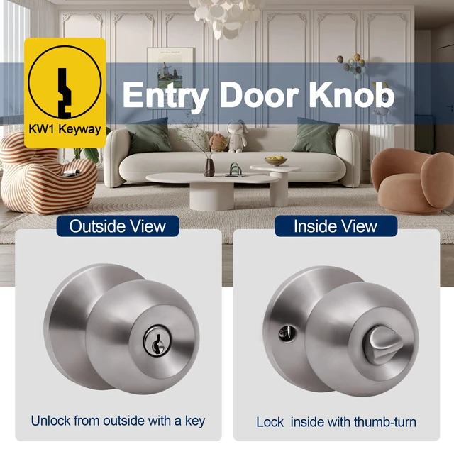 Alt view image 5 of 7 - 3 Pack Door Knobs with Lock and Key,All Keyed Same Entry Door Knob, Exterior and Interior Door Lock, Door Handle Satin Nickel