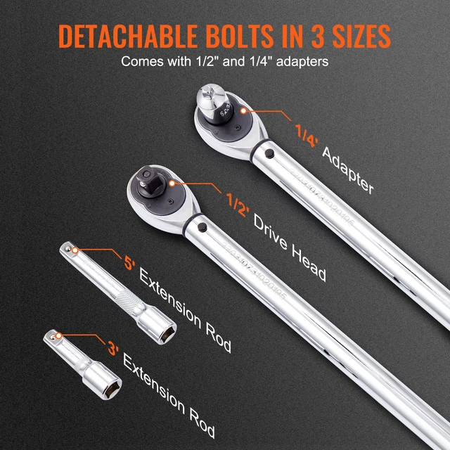 Alt view image 5 of 7 - 1/2-inch Drive Click Torque Wrench 25-250ft.lb/34-340n.m, Dual-Direction Adjustable Torque Wrench Set with Mechanical Dual Range Scales and Adapters Extension Rod