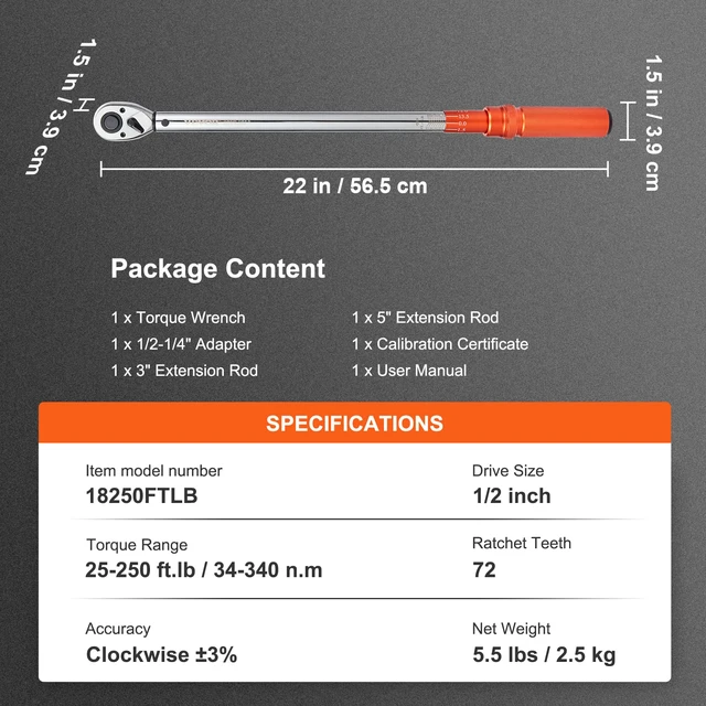 Alt view image 7 of 7 - 1/2-inch Drive Click Torque Wrench 25-250ft.lb/34-340n.m, Dual-Direction Adjustable Torque Wrench Set with Mechanical Dual Range Scales and Adapters Extension Rod