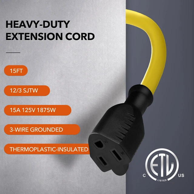 Alt view image 2 of 7 - 15ft Outdoor Extension Cord, 12/3 SJTW Heavy Duty Power Cord, 3-Prong Grounded Plug, Weather Resistant, 15A, 1875W, Yellow, for Lawn, Garden, Appliances, ETL Listed