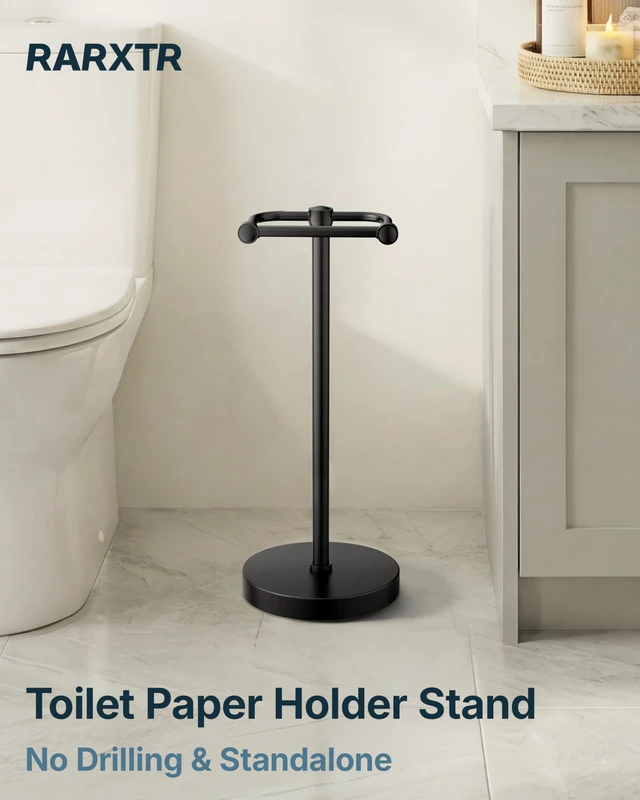 Alt view image 2 of 7 - Toilet Paper Holder Stand, Modern Bathroom Free Standing Toilet Paper Roll Holder, Stainless Steel Tissue Rack, Rust-Proof & Heavy Stable Base (Matte Black)
