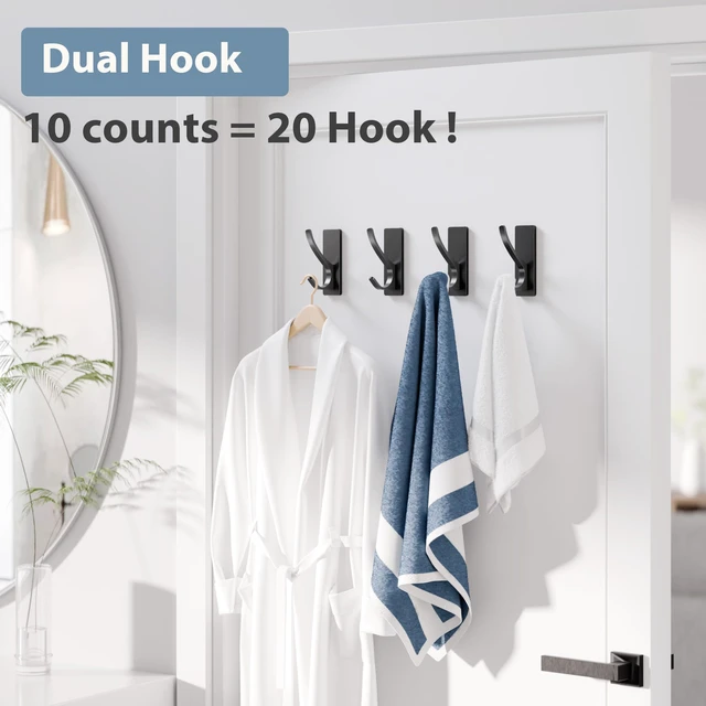 Alt view image 4 of 6 - 10-Pack Self Adhesive Towel Hooks: Extra Strong 13LB, Stainless Hook for Hanging Loofah, Towels, Coat, Bath Robe Bathroom Shower, Black
