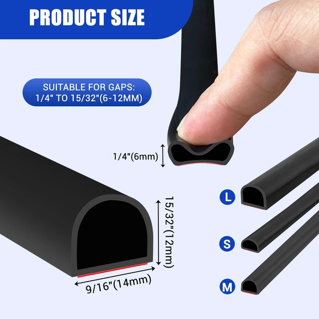 Alt view image 2 of 7 - Weather Stripping Door Seal Self Adhesive Door Weather Strip Silicone D Shaped Seal Strip for Door Frame/Window Seal, 20FT, Black Color (9/16" W × 15/32" T)