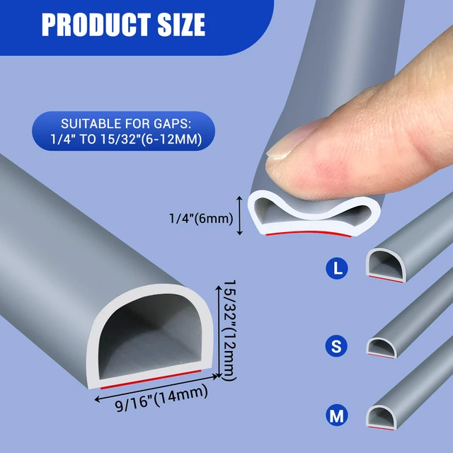 Alt view image 2 of 7 - Weather Stripping Door Seal, Self Adhesive Silicone D Shaped Weather Strip, Door Seal Strip for Door Frame/Window Seal, 20Ft, Grey (9/16" W × 15/32" T)