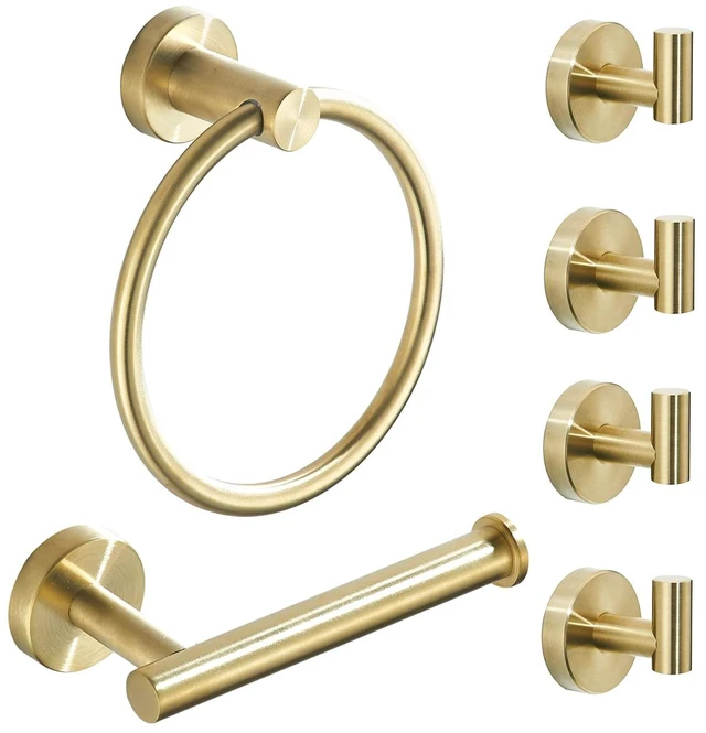 Main image of Brushed Gold Bathroom Hardware Set, Gold Toilet Paper Holder Towel Ring and 4 Robe Hooks Hand Towel Holder Bathroom Accessories Kit Wall Mount Stainless Steel, 6 Pieces