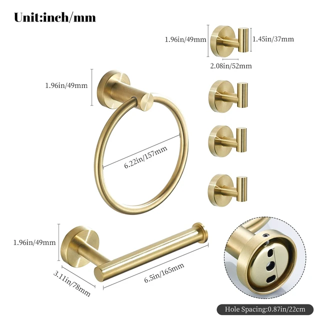 Alt view image 7 of 7 - Brushed Gold Bathroom Hardware Set, Gold Toilet Paper Holder Towel Ring and 4 Robe Hooks Hand Towel Holder Bathroom Accessories Kit Wall Mount Stainless Steel, 6 Pieces