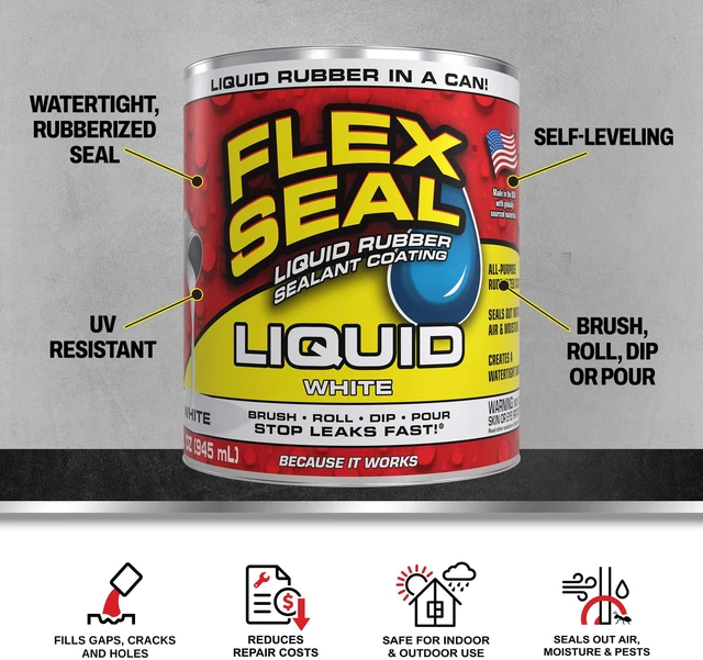 Alt view image 2 of 7 - Rubber Sealant Coating, Waterproof, White, 32 oz Stops leaks fast, brush, roll, dip or pour on, UV resistant, prevents rust, corrosion, roof, basement, RV, gutters, masonry