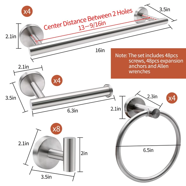 Alt view image 6 of 7 - 20pcs Brushed Nickel Bathroom Hardware Set Including 16" Hand Towel Bars, Toilet Paper Holders, Towel Rings, Robe Towel Hooks