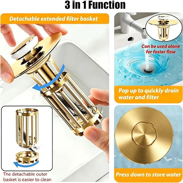 Alt view image 3 of 6 - 3 in 1 Pop Up Bathroom Sink Stopper, Bathroom Sink Drain Strainer with Removable Basket Hair Catcher, Universal Sink Plug Cover for 1.06 in to 1.6 in Drain, Brushed Gold