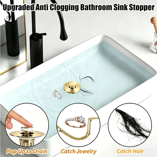 Alt view image 4 of 6 - 3 in 1 Pop Up Bathroom Sink Stopper, Bathroom Sink Drain Strainer with Removable Basket Hair Catcher, Universal Sink Plug Cover for 1.06 in to 1.6 in Drain, Brushed Gold