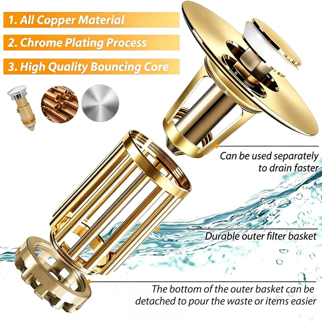 Alt view image 6 of 6 - 3 in 1 Pop Up Bathroom Sink Stopper, Bathroom Sink Drain Strainer with Removable Basket Hair Catcher, Universal Sink Plug Cover for 1.06 in to 1.6 in Drain, Brushed Gold