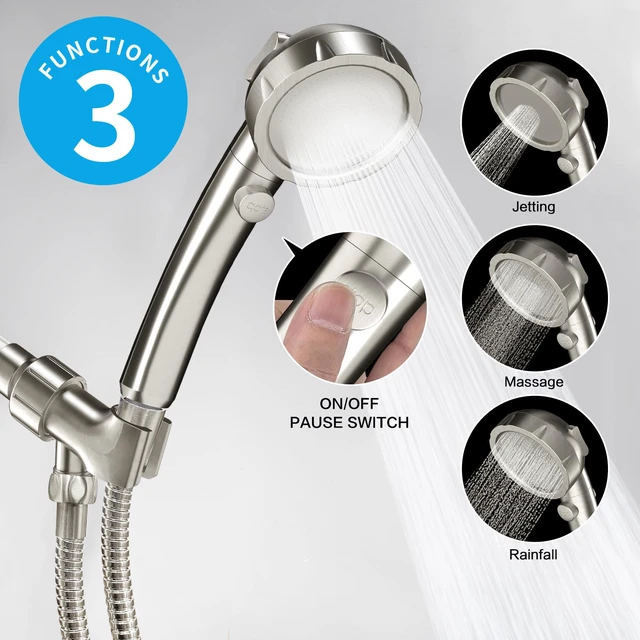 Alt view image 2 of 6 - Brushed Nickel High Pressure Handheld Shower Head with ON/OFF Switch, 3 Spray Modes, Adjustable Angle Bracket, and Hose