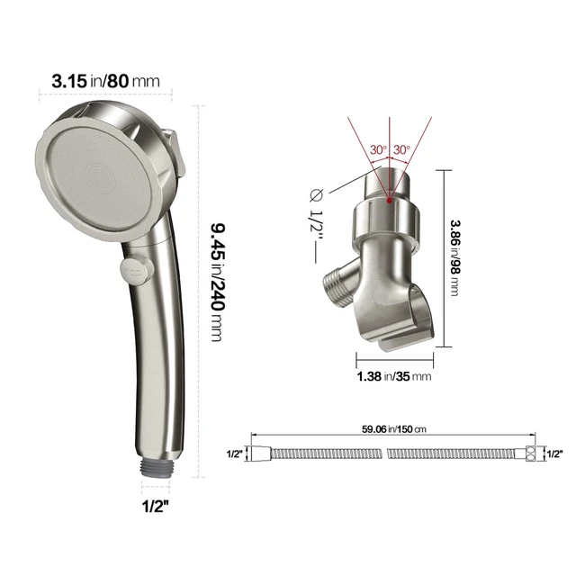 Alt view image 6 of 6 - Brushed Nickel High Pressure Handheld Shower Head with ON/OFF Switch, 3 Spray Modes, Adjustable Angle Bracket, and Hose