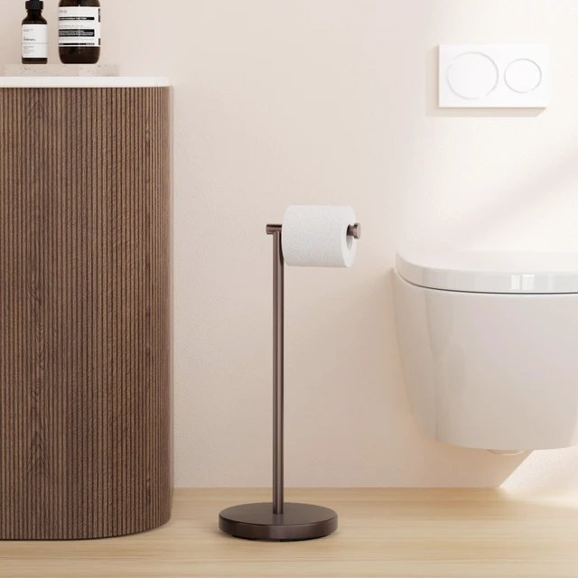 Alt view image 6 of 7 - Bronze Toilet Paper Holder Stand, Heavy Base, 18/8 Stainless Steel Freestanding Design, Anti-Slip Padded Base, 1-Minute No-Drill Assembly, Fits All Roll Sizes, Compact 8-Inch Base