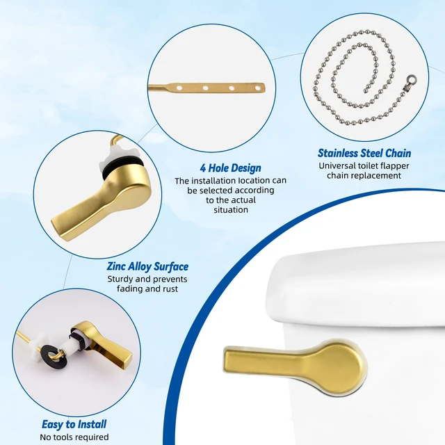 Alt view image 2 of 7 - Universal Metal Front Mount Flush Toilet Handle Kit, Brushed Gold Solid Brass Toilet Flush Tank Lever with Stainless Steel Adjustable Flapper Chains, Side Tank Toilet Handle for Most Toilets