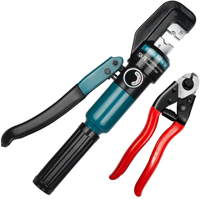 Main image of Hydraulic Crimping Tool for 1/8"-3/16" Cable Railing Kits, 10-Ton Crimper 3 Hardened Dies, One-Hand Use, Hydraulic Crimper for Cable Railing Hardware, Wire & Battery Cable Crimping 12-2/0 AWG DC02